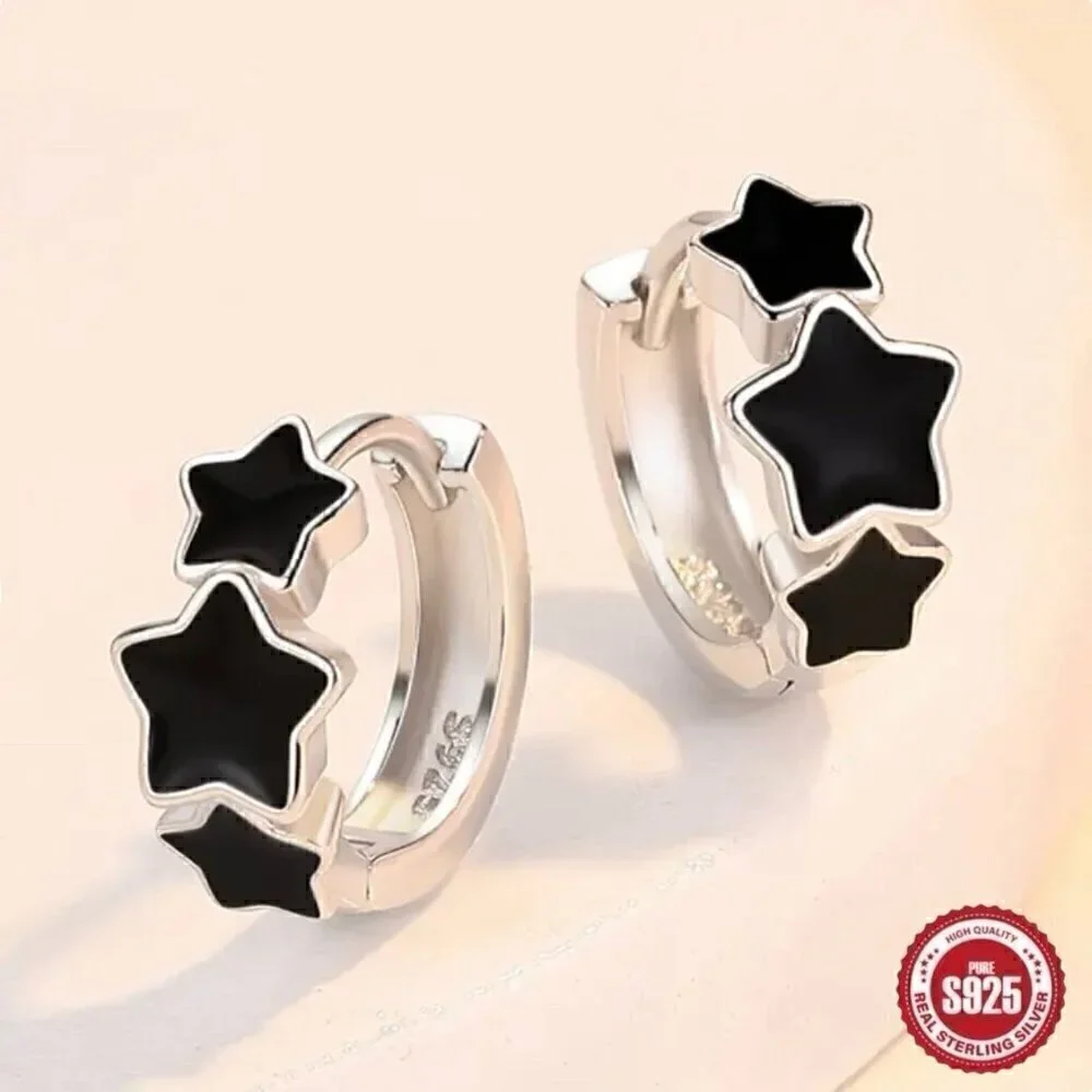 NWT Stars Hoop Huggie Earrings S925 Sterling Silver Triple Black Minimalist